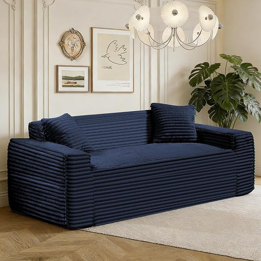 75" Cloud Loveseat Sofa, 26" Deep Seat Boneless Couches for Living Room, Modern 3 Seater Sofa with Throw Pillows, Corduroy Compression Sofa in Box, No Assembly Couch for Bedroom, Dorm, Dark Blue