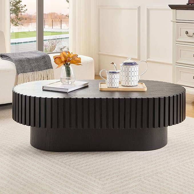 Oval Coffee Table for Living Room Wooden Coffee Table with Pedestal Modern Handcrafted Centre Table Tea Table Easy Assembly 43.7" Black
