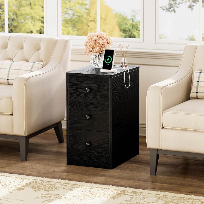 LIKIMIO Nightstand with Charging Station, Narrow Bedside Table with 3 Drawers, End Table with USB Ports and Outlets, Side Table for Living Room/Bedroom Modern - Image 6