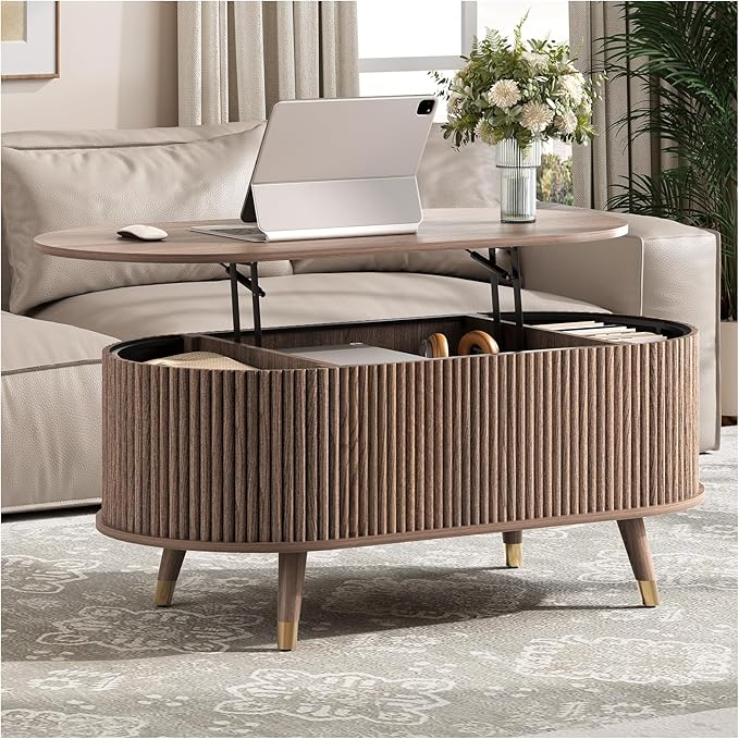 42.5" Oval Lift Top Coffee Table with Storage, Mid Century Modern Walnut Center Table with Fluted Panel, Solid Wood Legs & Hidden Compartment for Living Room