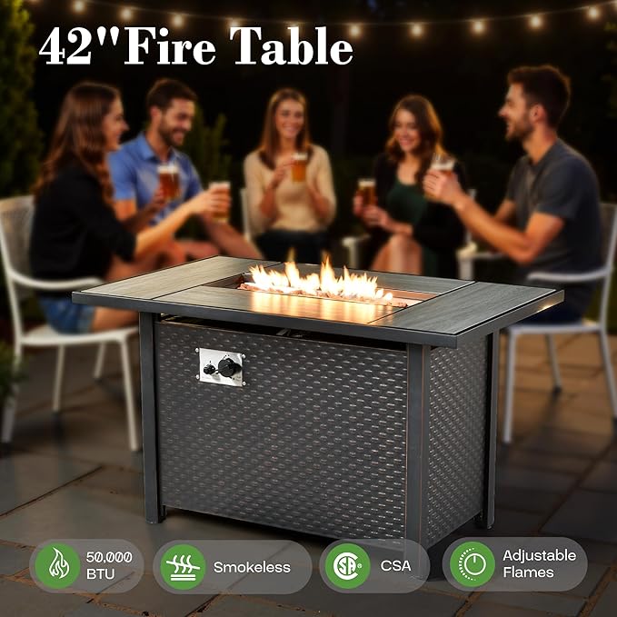 9 Pcs Patio Furniture with Fire Pit Table, Outdoor Rattan Wicker Conversation Set with Glowing Coffee Table, Comfy Sectional Sofa for Porch Balcony Backyard Pool, Blue