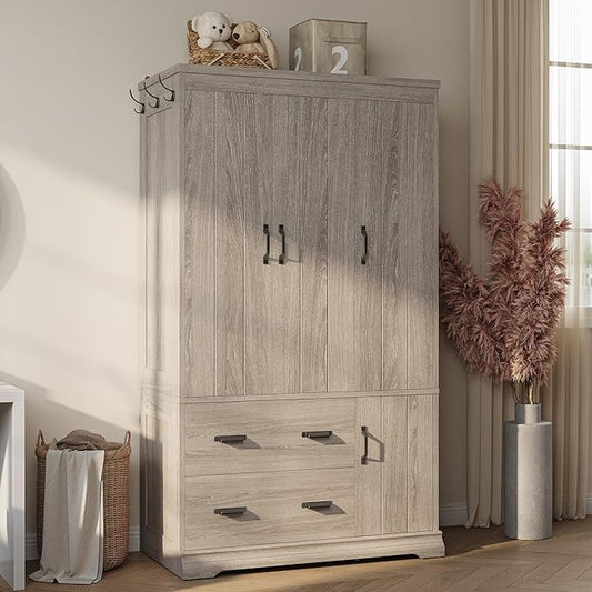 LIKIMIO Wardrobe Closet, 70" Tall 4 Doors Large Wooden Closet with 2 Drawers, 3 Shelves Bedroom Armoire with Hanging Rod, Freestanding Storage Cabinet for Hanging Clothes, Grey