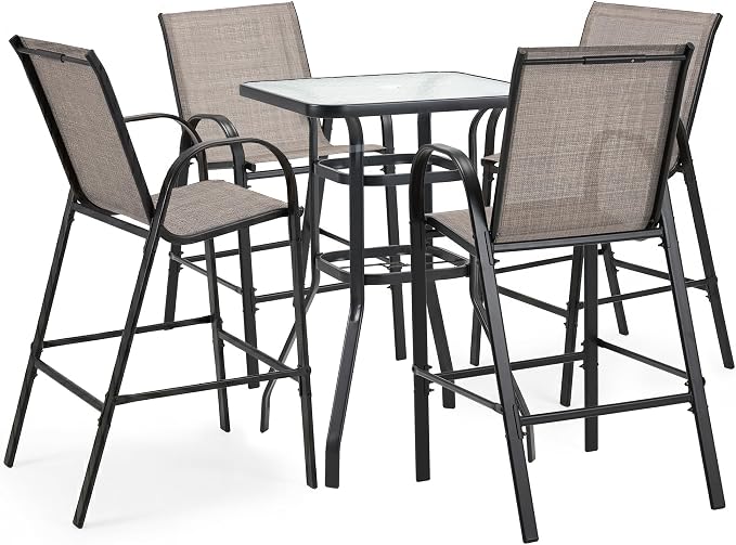 HOMREST Outdoor Bar Height Stools Set of 5,4 High Back Patio Bar Chairs with Outdoor High Top Table,All Weather Outdoor High Top Bistro Set Furniture for Patio,Balcony,Taupe by HOMREST