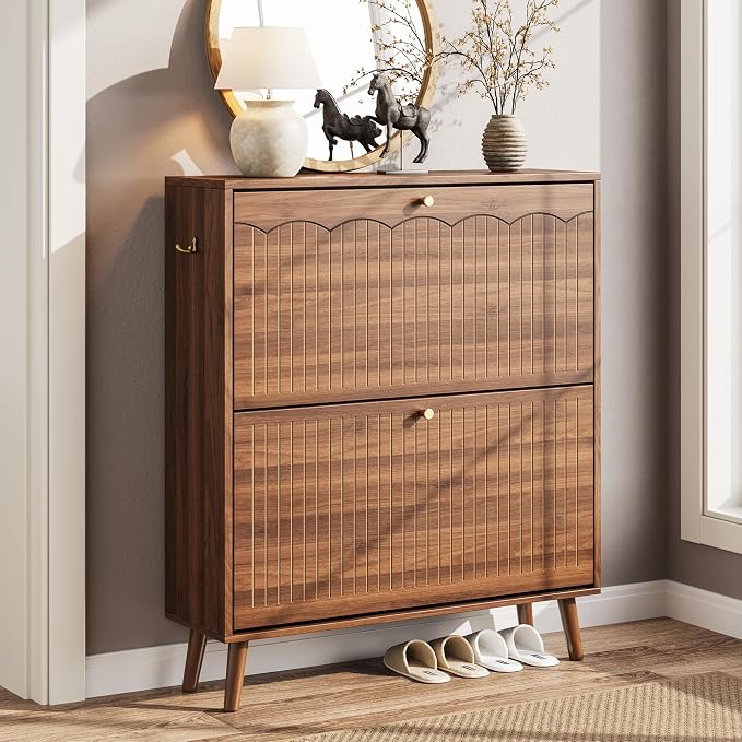 Nicetree Mid-Century Modern Slim Shoe Cabinet for Entryway, 9.5" Narrow Shoe Storage Cabinet with Architectural Arched Fluted Front, Entryway Shoe Storage with Adjustable Shelves,Classic Walnut by Nicetree