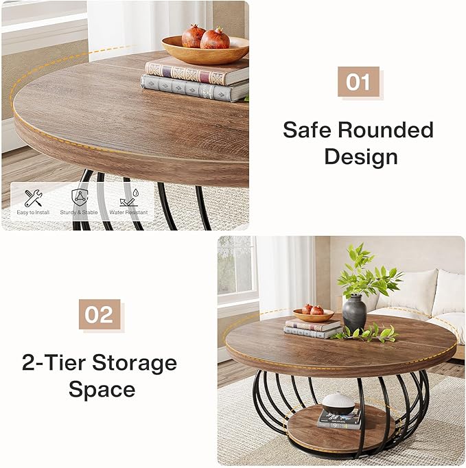 Tribesigns Round Coffee Table for Living Room, 39.4" Industrial Wooden 2-Tier Circle Accent Center Cocktail Table with Storage Shelf and Metal Frame, Rustic Brown & Black