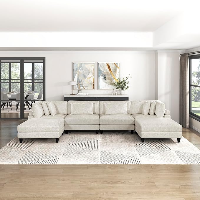 Lexicon 160 Inch Modular Sectional Sofa - Oversized 6 Seater Microfiber U Shaped Sectional Couch, 6 Accent Pillows, and Flexible Arrangement for Modern Living Rooms, Beige