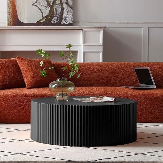 Black Round Drum Coffee Tables for Living Room Contemporary Circle Coffee Table, Modern Wood Accent Table for Office Apartment