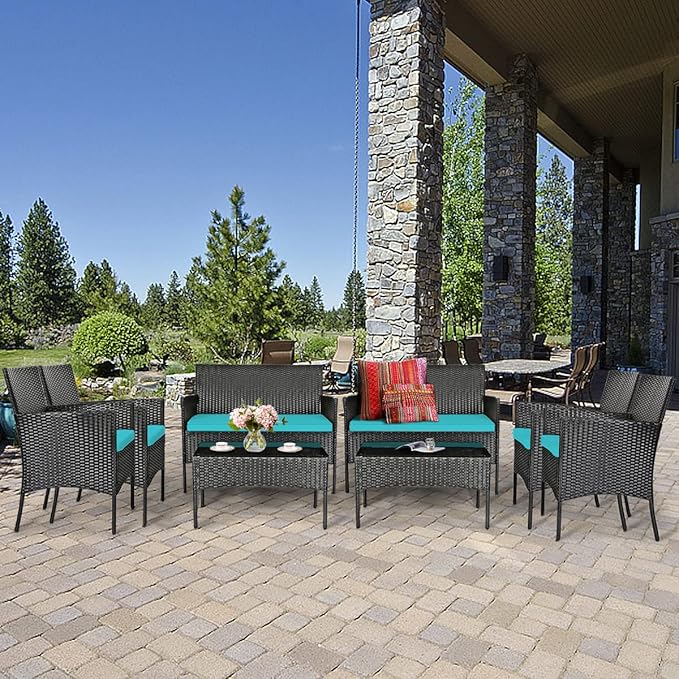 8 Pieces Patio Furniture Set, Outdoor Conversation Set with Ergonomic Curved Backrest, Patio Chair Set with Water-Resistant Cushion & Tempered Glass Table for Balcony,Porch(Turquoise)