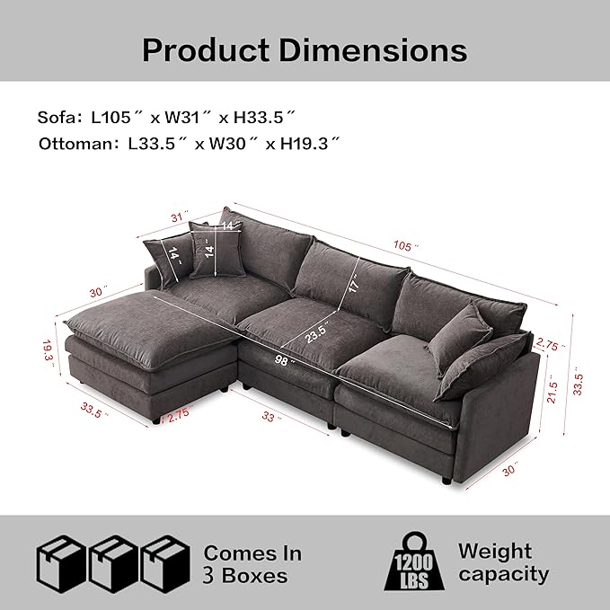 105" Oversized Modular Cloud Sectional Sofa Free Convertible L-Shaped Corner Sectional with Movable Ottoman, Chenille Upholstered Multiple Cushions Cloud Sofa Couches | Easy to Assemble