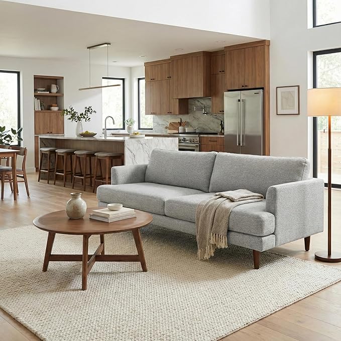 SIMPLIHOME Livingston 90-inch Wide Sofa in Mist Grey Woven-Blend Fabric, Handcrafted Mid-Century Modern Oversized 3-Seater Couch Sofa for Living Room or Family Room, Solid Wood Frame