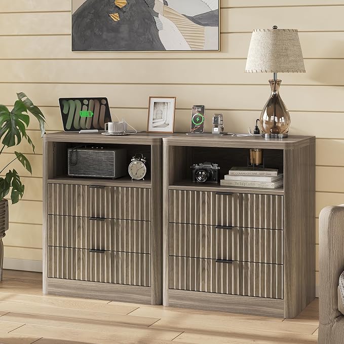 FUSOU Fluted Night Stand Set 2, Nightstands with Charging Station and LED Lights, Modern Bedside Table with 3 Drawers and Open Shelf, End Table with Storage, Night Stand for Bedroom, Light Brown - Image 2