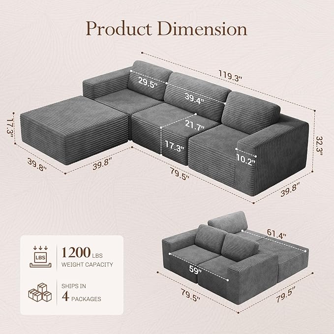 Vesgantti 119" L-Shaped Modular Sectional Sofa, Corduroy Cloud Couch with Deep Seating & Spring Support, Flexible Layout Sofa with Ottoman, Boneless Style, No Assembly Required, Grey