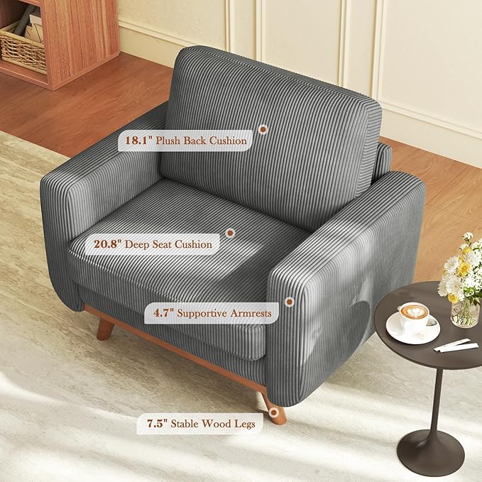 38.5" Dark Grey Corduroy Accent Chair, Comfy Deep Seat Armchair with Spring Cushion, Modern Reading Sofa for Living Room Bedroom
