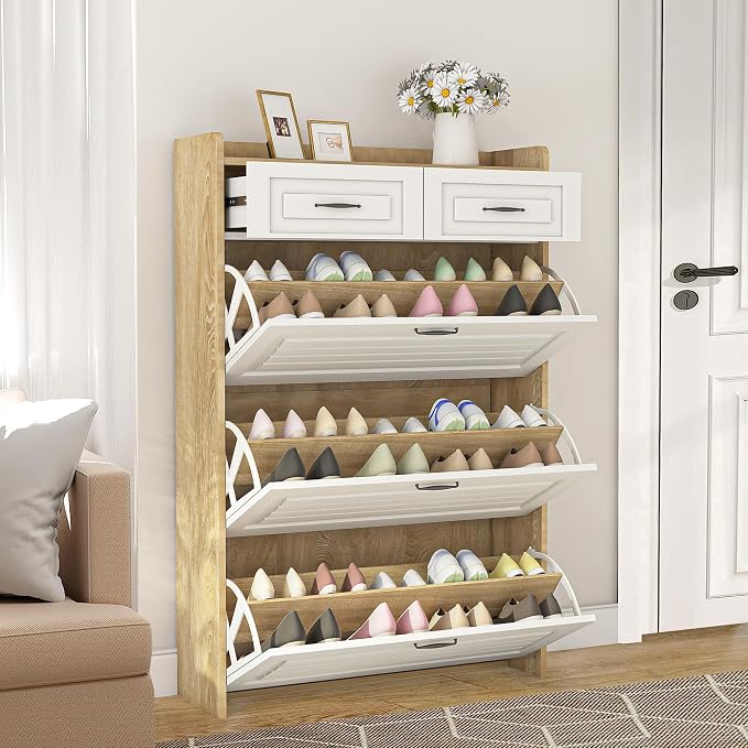 Vibe & Dine Shoe Cabinet with 3 Large Flip Drawers & 2 Storage Drawers, Narrow Shoe Organizer Cabinet Fits for Kinds of Shoes, Slim Shoe Storage Cabinet for Entryway, Hallway, Bedroom, Natural Wood by VibeDine