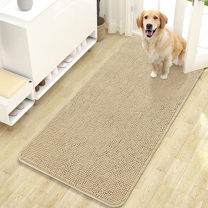 OLANLY Dog Door Mat for Muddy Paws 47x24, Absorbs Moisture and Dirt, Absorbent Non-Slip Washable Doormat, Quick Dry Chenille Mud Mat for Dogs, Entry Indoor Entryway Carpet for Inside Floor, Beige by OLANLY