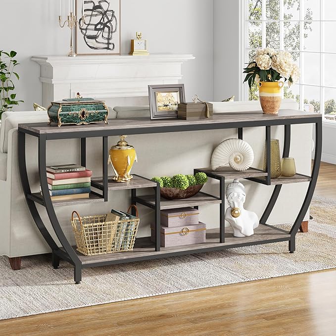 LITTLE TREE 70.9 Inch Long Sofa Table with Shelves, Rustic Console Table with Storage, Industrial Entryway TV Stand, Behind Couch Table Accent Tables for Living Room, Hallway, Foyer