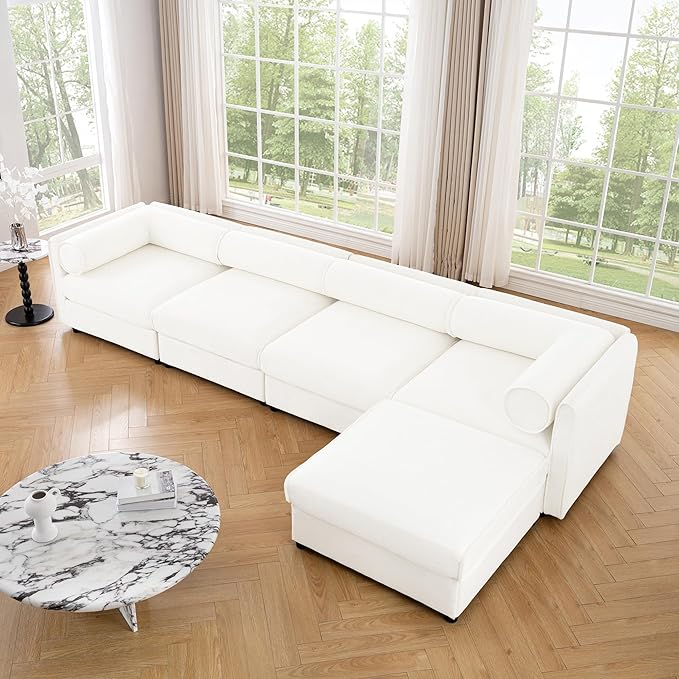 KEIKI 143" L-Shaped Modular Chenille Sectional Sofa with Storage Seat, 1 Ottoman, Modern Style 4-Seater Couch with Cylindrical Backrest and Armrests, Easy Assembly, for Apartment, Living Room, White