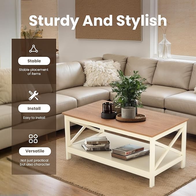 PHI VILLA Farmhouse Coffee Table for Living Room, White Coffee Tables with Storage Rustic Style Modern