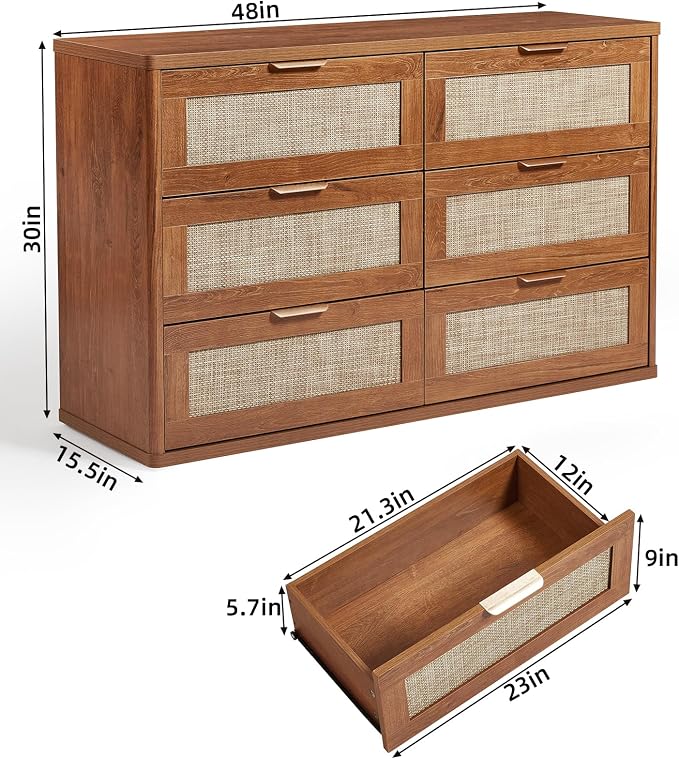 LEYAOYAO Rattan Dresser for Bedroom Set of 2, Boho 48" Wide 6 Drawer Dresser Chest of Drawers, Wood Dressers TV Stand with Metal Handle, Storage Dressers Closet Organizer for Living Room, Hallway - Image 2