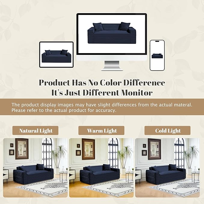 75" Cloud Loveseat Sofa, 26" Deep Seat Boneless Couches for Living Room, Modern 3 Seater Sofa with Throw Pillows, Corduroy Compression Sofa in Box, No Assembly Couch for Bedroom, Dorm, Dark Blue