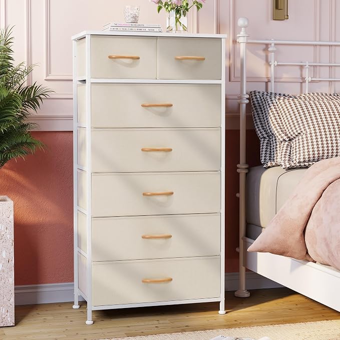 Crestlive Products Vertical Dresser Storage Tower - Sturdy Steel Frame, Wood Top, Easy Pull Fabric Bins, Wood Handles - Organizer Unit for Bedroom, Hallway, Entryway, Closets - 7 Drawers (Beige) - Image 8