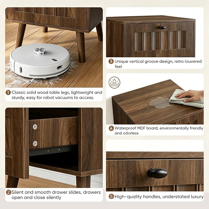 Kiasthome Mid-Century Wood Nightstand with 2 Drawers, Fluted Front Bedside Table, Functional End Table for Bedroom & Living Room (Vintage Walnut (2-Pack)) - Image 5