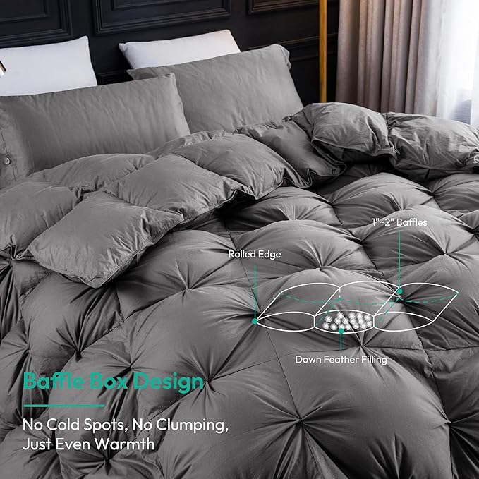 Three Geese Oversized King Size Pinch Pleat Feather Down Fiber Comforter - All-Season Down Duvet Insert Fluffy Baffle Box Design with 8 Corner Loops for Warmth and Softness.