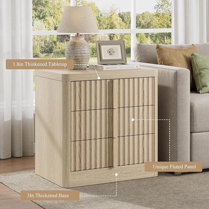 Fluted Nightstand Set of 2 with Charging Station, 23.6" Wood Bedside Table with Solid Wood Handle, Mid Century Moden End Table, 3 Drawer Dresser for Bedroom, Living Room, Natural Oak - Image 4