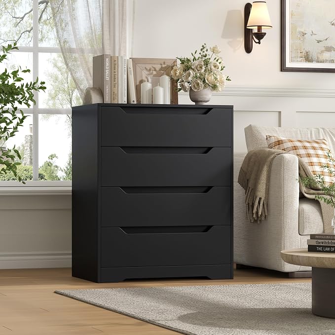 HOSTACK Black Dresser, 4 Drawers Dresser, Modern Chest of Drawers with Cut-Out Handles, Small Dressers with Drawer, Wood Makeup Chest Organizer for Living Room, Entryway, Home Office, Black - Image 2
