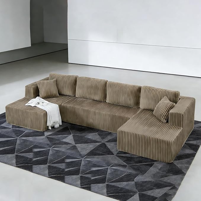 132.48" U-Shaped Sectional Couch, 4-Seat Frameless Modular Sofa with Oversized Chaise, Big Comfy Cloud Couch Set in Soft Corduroy, No-Assembly Boneless Sofas for Living Room, Compressed, Brown