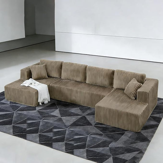 132.48" U-Shaped Sectional Couch, 4-Seat Frameless Modular Sofa with Oversized Chaise, Big Comfy Cloud Couch Set in Soft Corduroy, No-Assembly Boneless Sofas for Living Room, Compressed, Brown