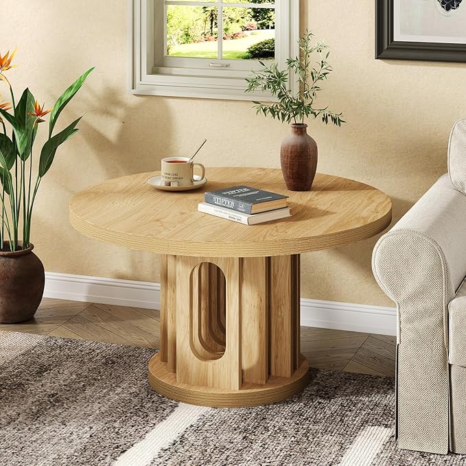 31.5" Round Coffee Table, Small Wooden Circle Center Table Hole Panel Splice Design Coffee Tables for Living Room, Thickened Edge MDF Board, Natural Oak
