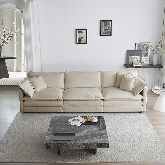 KEIKI Combination Sofa, Upholstered 3 Seater Couch, Oversized Sectional Sofa with Reversible Ottoman for Living Room Bedroom Office, Beige