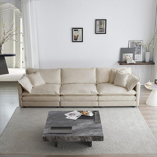 KEIKI Combination Sofa, Upholstered 3 Seater Couch, Oversized Sectional Sofa with Reversible Ottoman for Living Room Bedroom Office, Beige