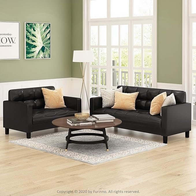 Furinno Brive Contemporary Tufted Faux Leather 3-Seater Sofa Couch for Living Room, Black Faux Leather