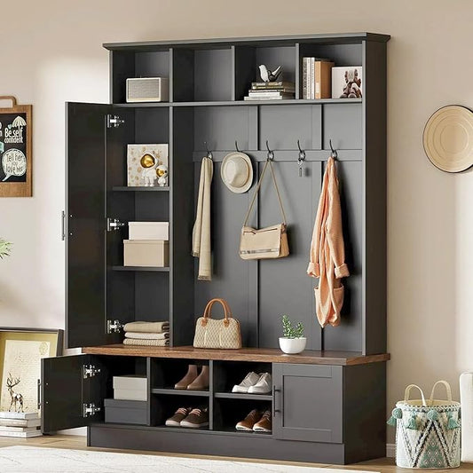 Merax Farmhouse Wood Hall Tree with Shoe Bench and 2 Drawers, 4-in-1 Coat Rack with 6 Hooks for Entrance, Hallway, Mudroom Black by Merax