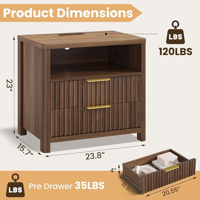 CypBed 23.8" Wide Fluted NightStand Set of 2 with Charging Station, Bedside Tables with 2 Drawers & Storage Shelf, Wood Nightstand with Rounded Corner, Modern End Table for Bedroom, Easy Assembly - Image 2