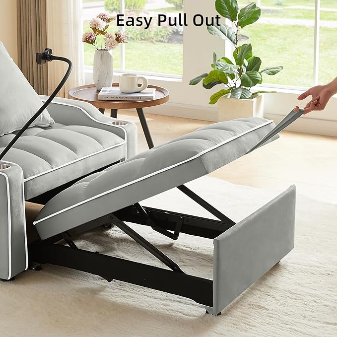 3 in 1 Convertible Sleeper Sofa Bed with Phone Holder, 35'' Pull Out Sofa Bed Recliner with Adjustable Backrest, Velvet Fabric Sleeper Couch Single Modern Chair for Small Space & RV, Gray