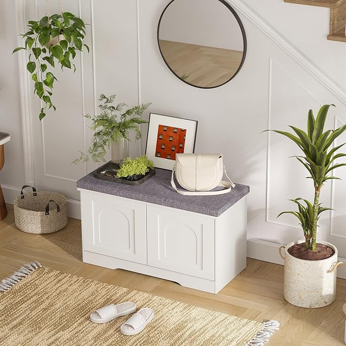 DINZI LVJ Shoe Bench, Entryway Storage Bench with Doors, Cushion, 2-Tier Shoe Rack with 6-Cubby, 31.5”L x 13.8”W Shoe Organizer Cabinet, Adjustable Shelf, Living Room, Bedroom, White - Image 7