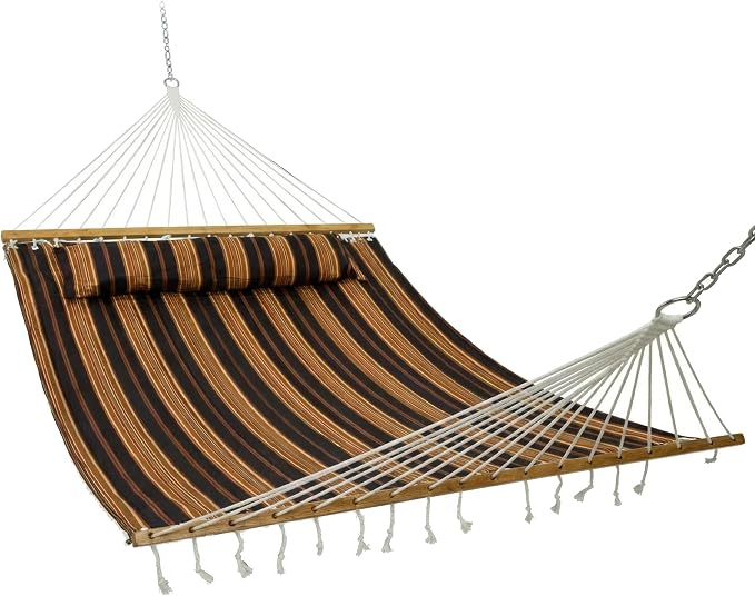 Sunnydaze Quilted Double Hammock for Outside with Spreader Bars and Pillow - 450 lb Capacity, 74x55 Inch Bed, UV Resistant, Quick Dry - Chains Included, Stand Sold Separately - Woodland Stripe by SunnydazeDecor