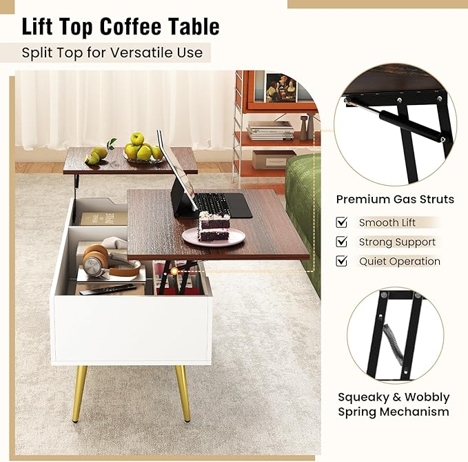 Tangkula Lift Top Coffee Table, Mid Century Modern Center Table with Split Top & 2 Hidden Compartments, Rectangle Accent Table with Tapered Metal Legs for Living Room (Walnut+White+Gold)