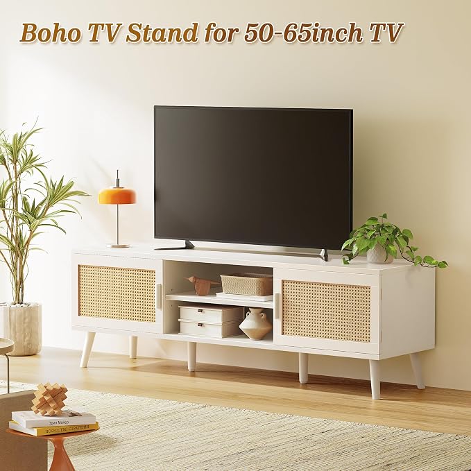 SUPERJARE TV Stand for 65 Inch TV, Entertainment Center with Adjustable Shelf, Rattan TV Console with 2 Cabinets, Media Console, Solid Wood Feet, 4 Cord Holes, for Living Room, White - Image 2