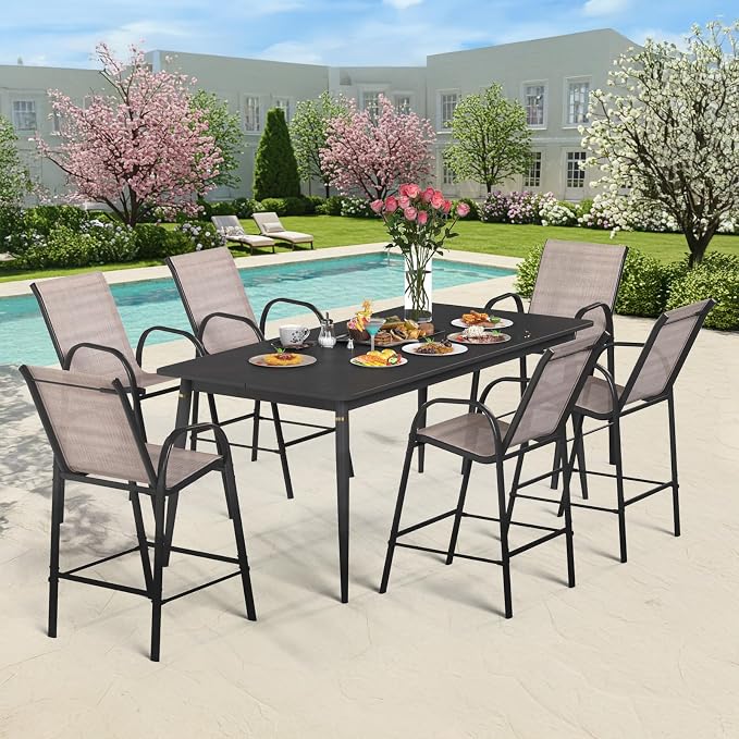 HOMREST Outdoor Bar Height Stools Set of 6,High Back Patio Chairs with Armrests,Textilene Chairs with Breathable Fabric & Metal Frame for All Weather,Taupe - Image 4