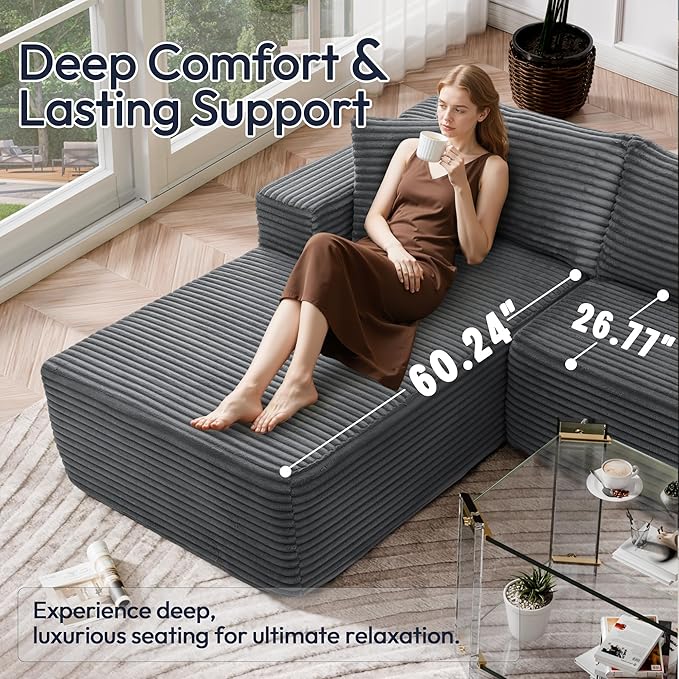 Cloud Sectional Couch, 105" Modular Sectional Sofa with Right Chaise Lounge, Modern Modular L-Shape Sofa with Pillows & Deep Seat, Boneless Couches for Living Room Bedroom, Dark Grey