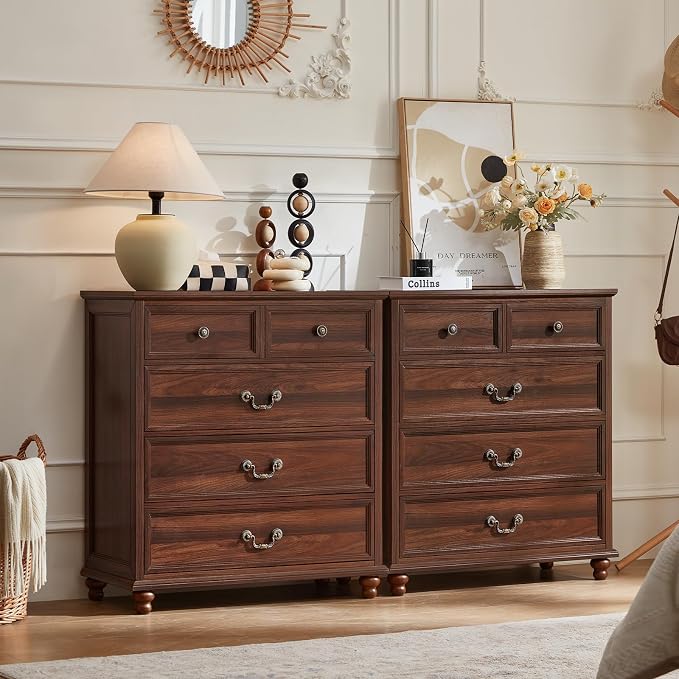 Joaxswe Farmhouse 5 Drawer Dresser for Bedroom, 35" Tall Rustic Chests of Drawers w/ 4 Solid Wood Feet, Mid Century Modern Wooden Closet Storage Dressers Organizer for Living Room, Hallway,Brown - Image 3