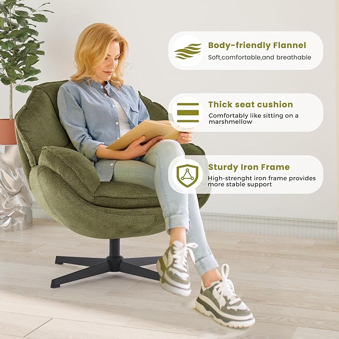 IWMH Swivel Accent Chair for Living Room, Upholstered Armchair with Metal Legs, Lounge Sofa Chair, Comfy Leisure Chairs for Bedroom Reading (Green)