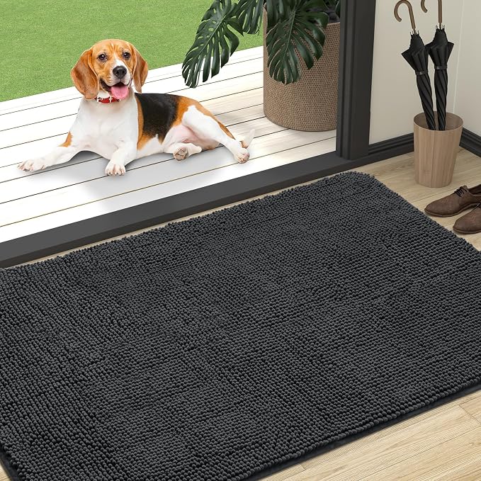 OLANLY Dog Door Mat for Muddy Paws 47x32, Absorbs Moisture and Dirt, Absorbent Non-Slip Washable Doormat, Quick Dry Chenille Mud Mat for Dogs, Entry Indoor Entryway Carpet for Inside Floor, Dark Grey by OLANLY