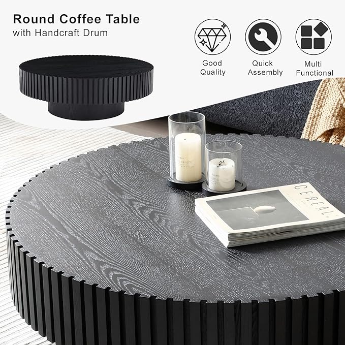39" Round Black Coffee Table for Living Room, Mid Century Modern Coffee Table with Sturdy Pedestal, Circle Center Table Accent Tea Table for Apartment