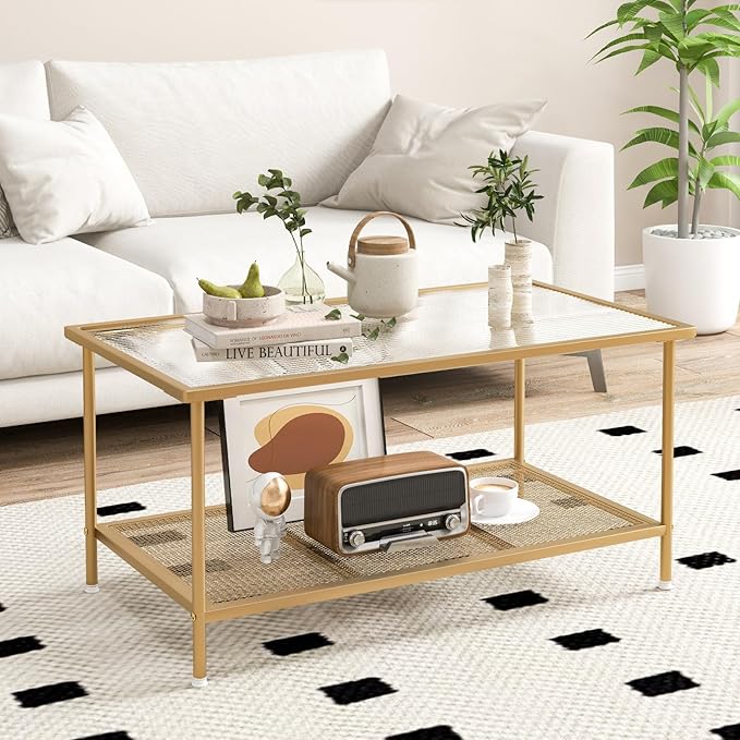 Tangkula Glass Coffee Table, 2-Tier Rectangular Tempered Glass Center Table w/Metal Mesh Storage Shelf, Modern Accent Table with Gold Metal Frame for Living Room & Small Spaces (Gold, 35.5”L)