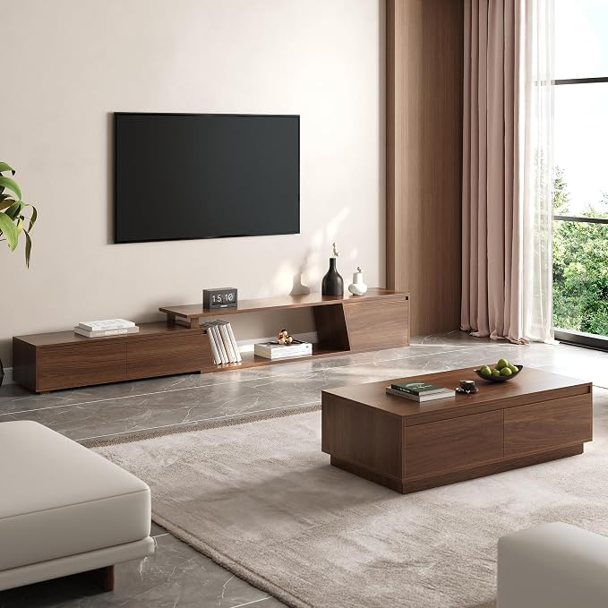 homary Mid Century Walnut TV Stand & Coffee Table Set, Extendable TV Console for 120" TV with Storage Drawers, Modern Engineered Wood Living Room Furniture - Image 6